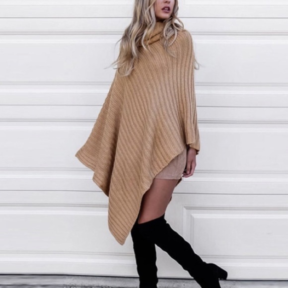 SOLD OUT CLEARANCE Khaki Ribbed Knit Batwing Poncho Sweater - Picture 2 of 2